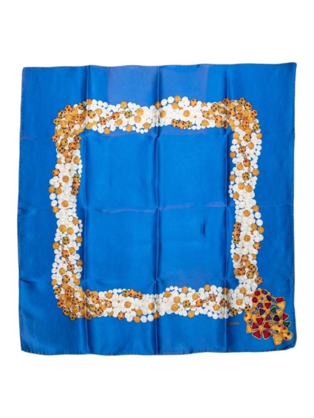 Chanel Pearl Jewel Motif Scarf Blue Multicolor Silk